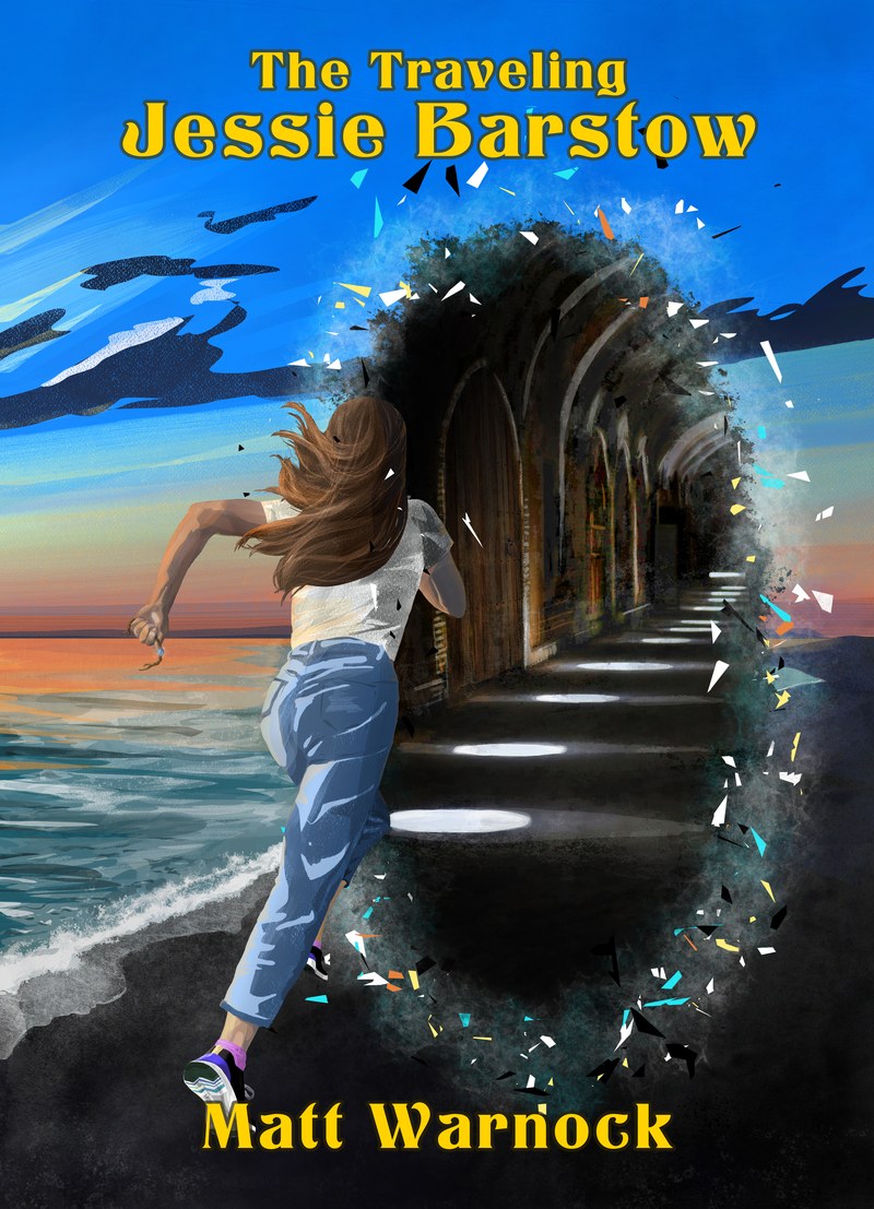 The Traveling Jessie Barstow — cover art: a girl runs across a black-sand shore toward a glowing portal.